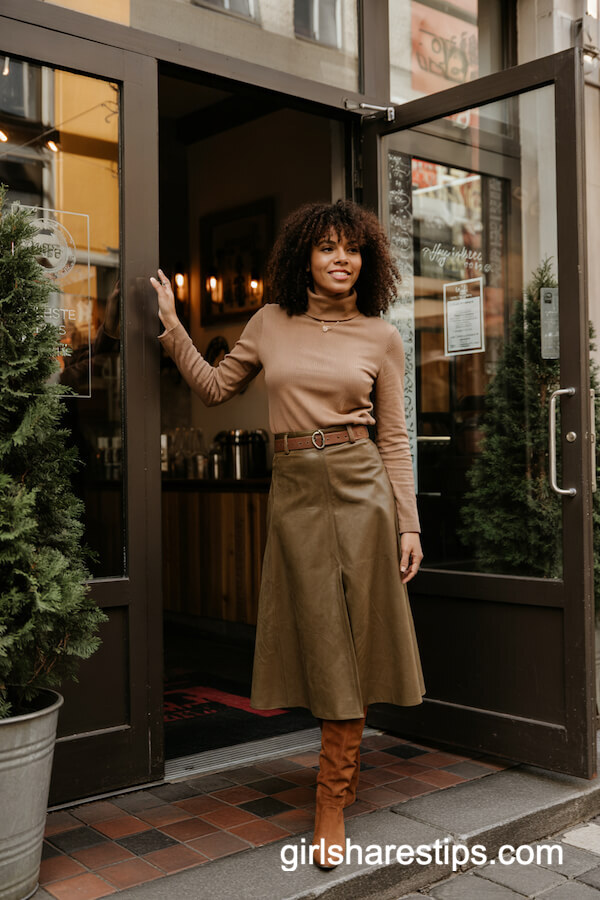 Camel Turtleneck Sweater and Green Suede Skirt