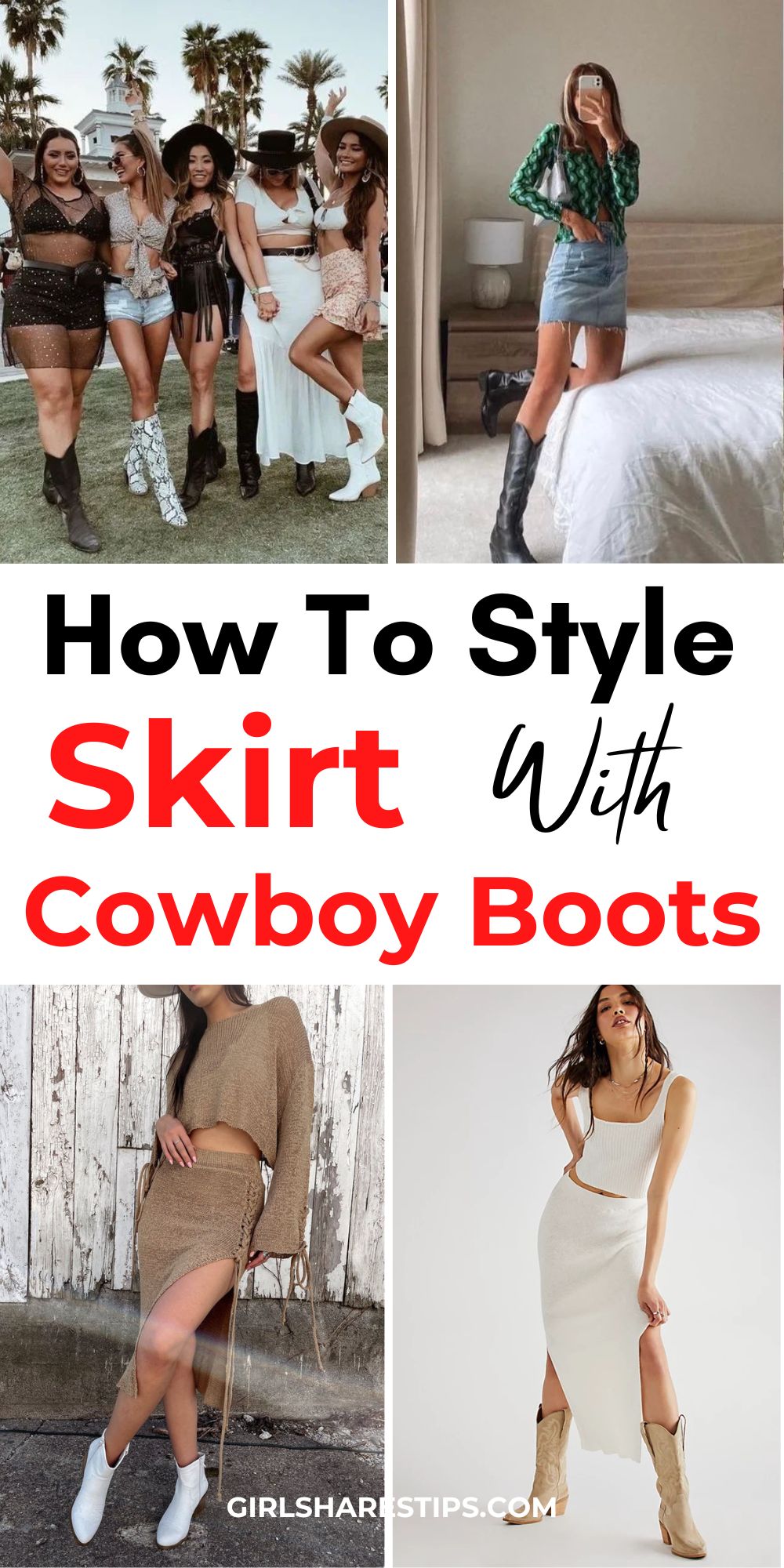 skirt and cowboy boots outfit ideas collage