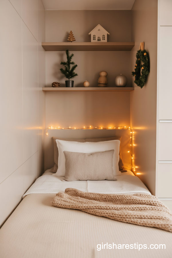 Tiny Neutral Christmas Bedroom With Soft Fairy Lights