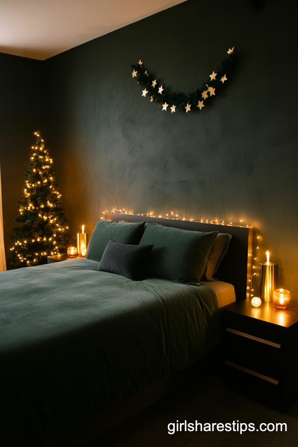 Moody Dark Christmas Bedroom In A Small Space