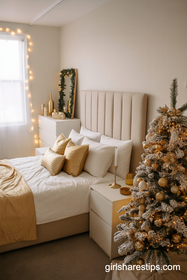 Gold And White Chic Christmas Decor In A Compact Bedroom