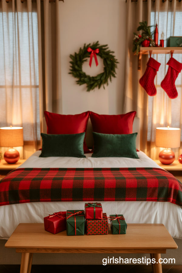 Classic Red And Green Christmas Bedroom In A Small Space