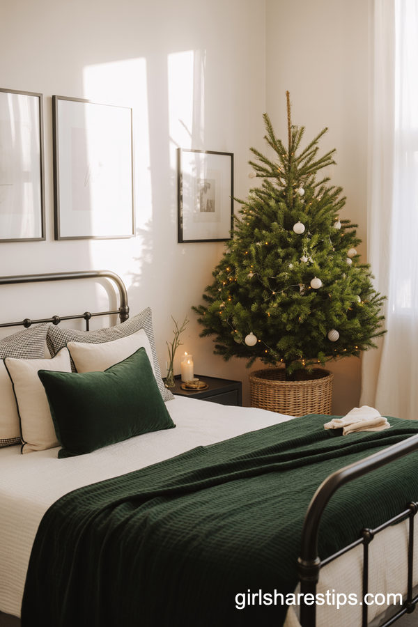Black, White And Deep Green Modern Christmas Bedroom