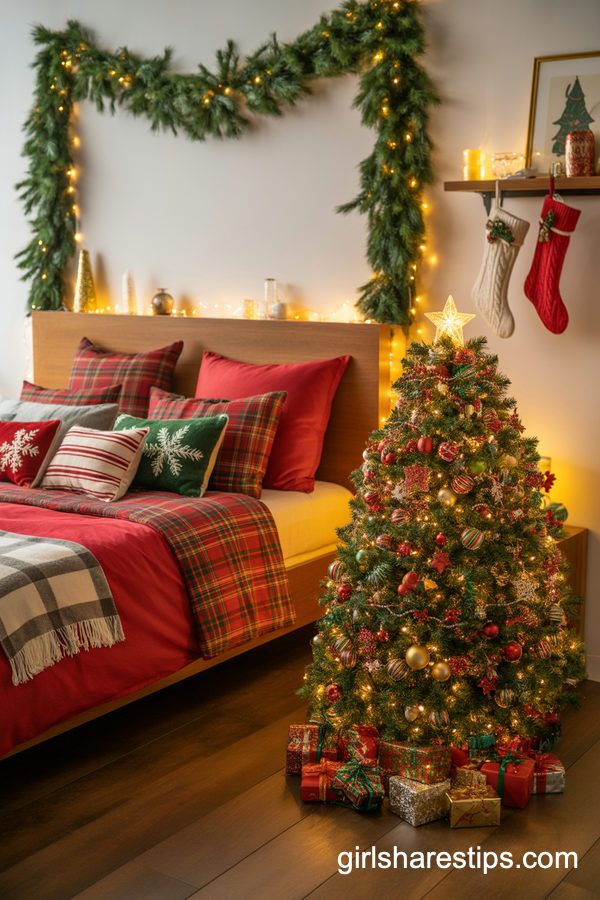 Playful Christmas-Filled Tiny Bedroom With Bold Patterns