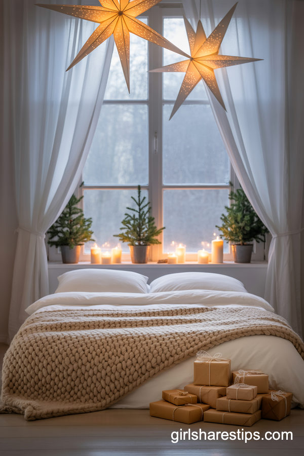 Window-Centered Christmas Decor In A Small Bedroom