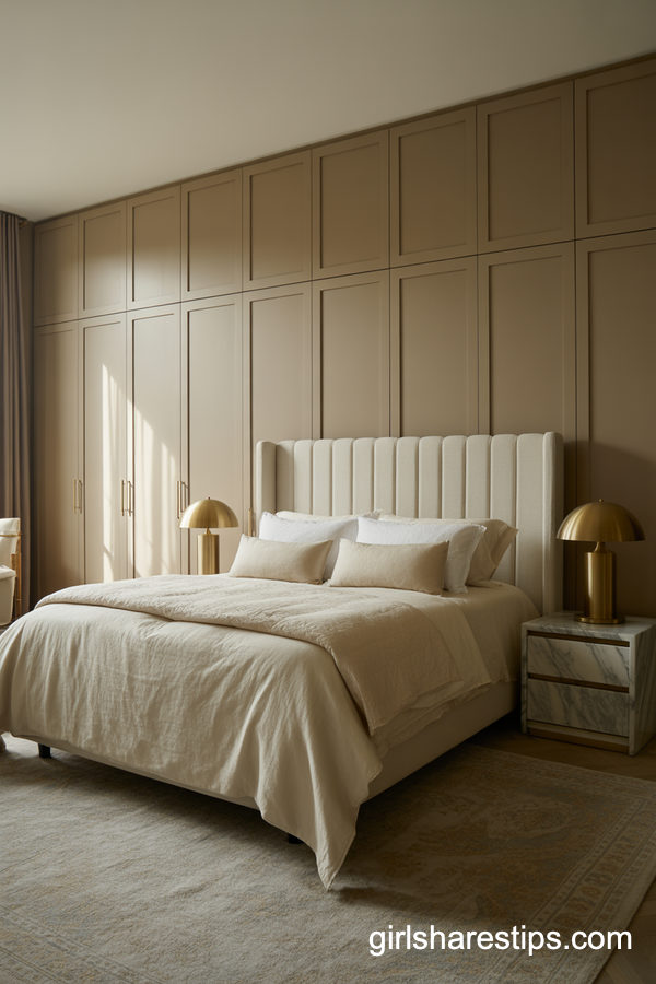 Luxurious Calm Small Bedroom With Full Wardrobe Wall