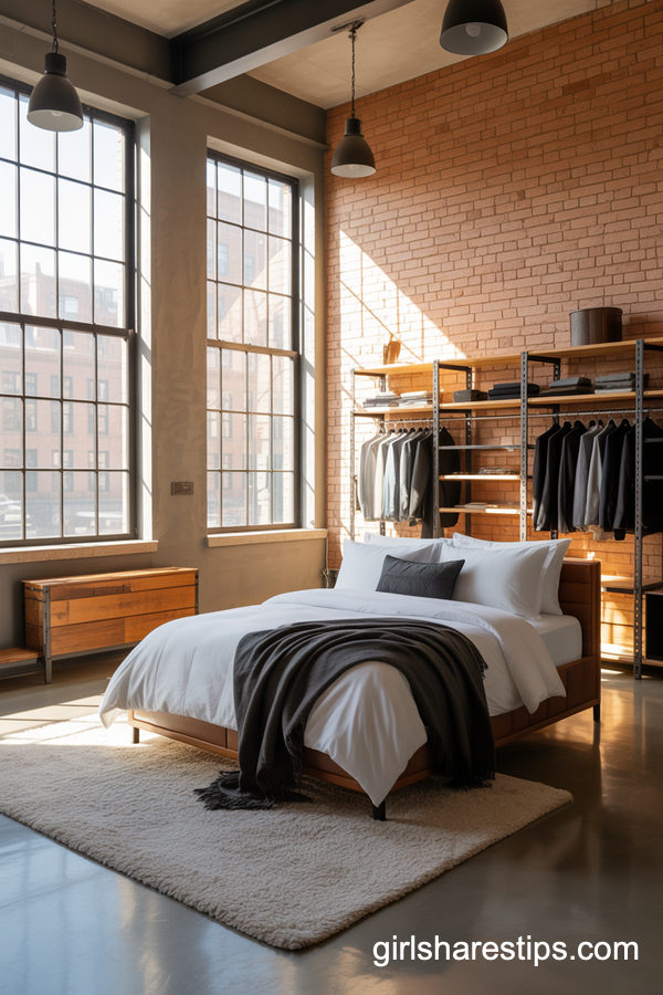 Industrial Loft Bedroom With Open Closet-Style Wardrobe