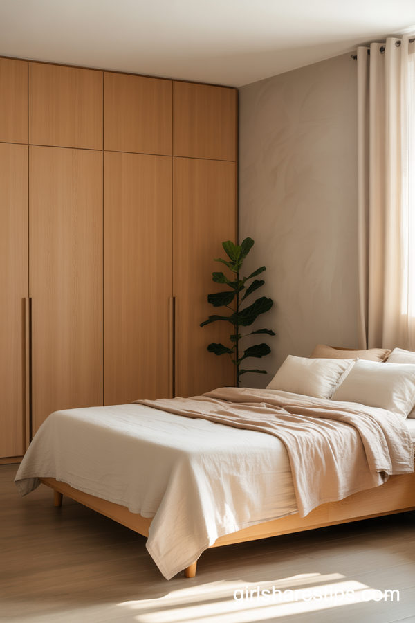 Japandi Small Bedroom With Wall-To-Wall Wood Wardrobe