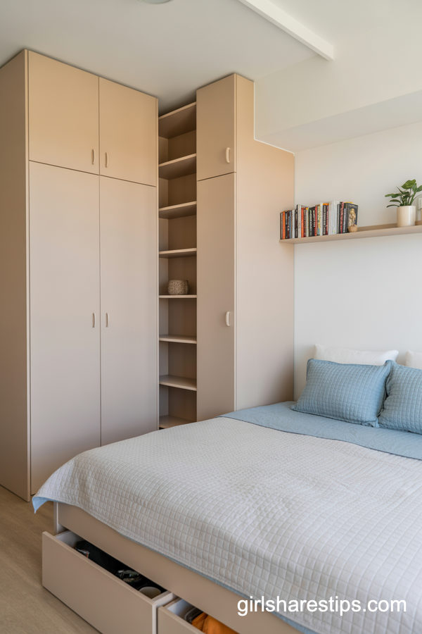 Tiny Bedroom With Corner Wardrobe And Under-Bed Drawers