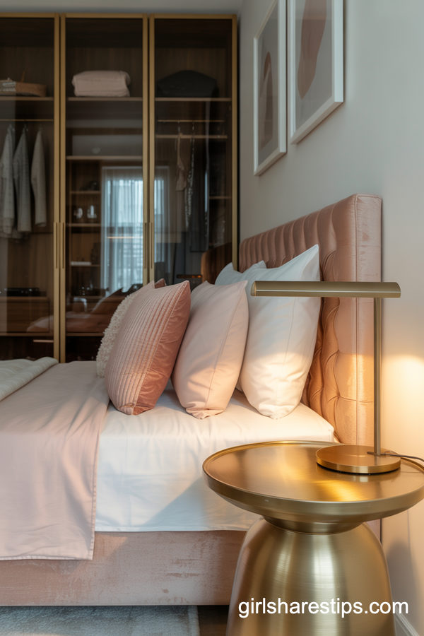 Chic Small Bedroom With Glass-Front Wardrobe Display