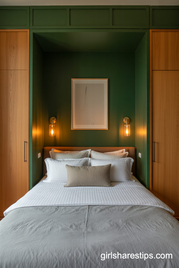 Small Bedroom With Deep Green Accent Wall And Wardrobe Nook