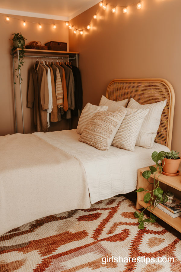 Boho Small Bedroom With Open Clothing Rack Wardrobe