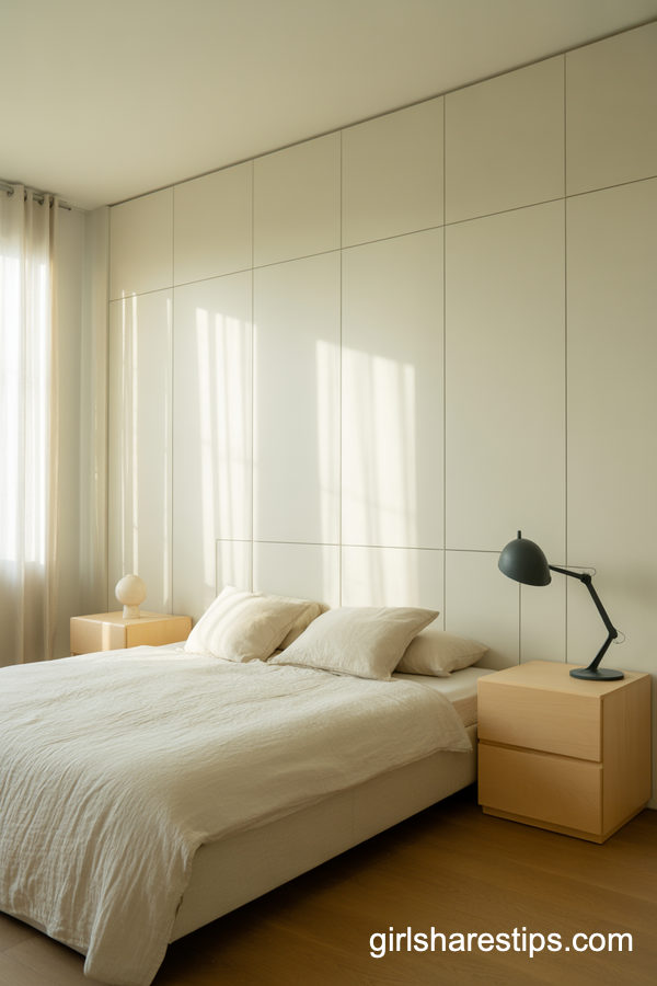 Bright Minimalist Bedroom With Built-In White Wardrobe Wall