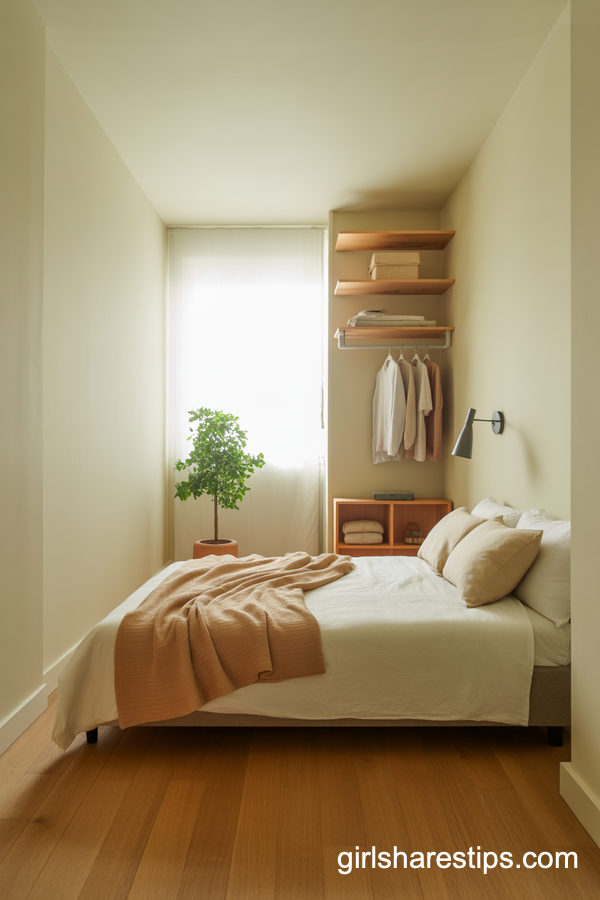Scandinavian Small Bedroom With Open Wardrobe Storage