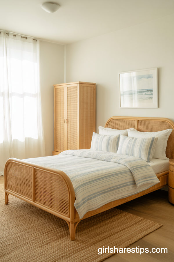 Coastal Small Bedroom With Cane-Front Wardrobe Accent
