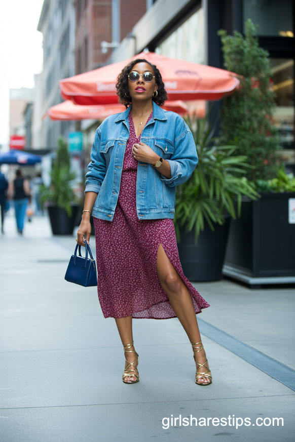 Burgundy Floral Midi Dress And Denim Jacket Smart Casual Look