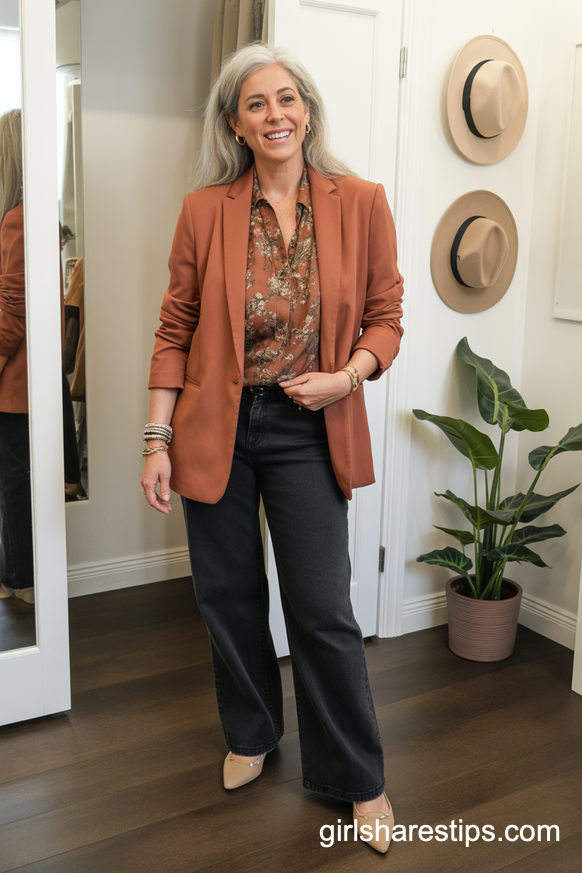Rust Blazer With Floral Top And Wide Leg Jeans