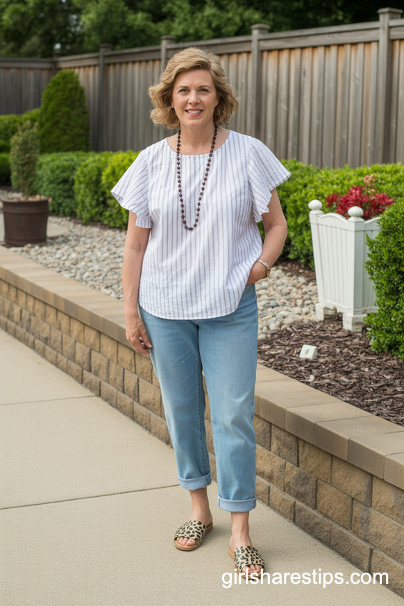 Striped Flutter Sleeve Blouse With Rolled Jeans