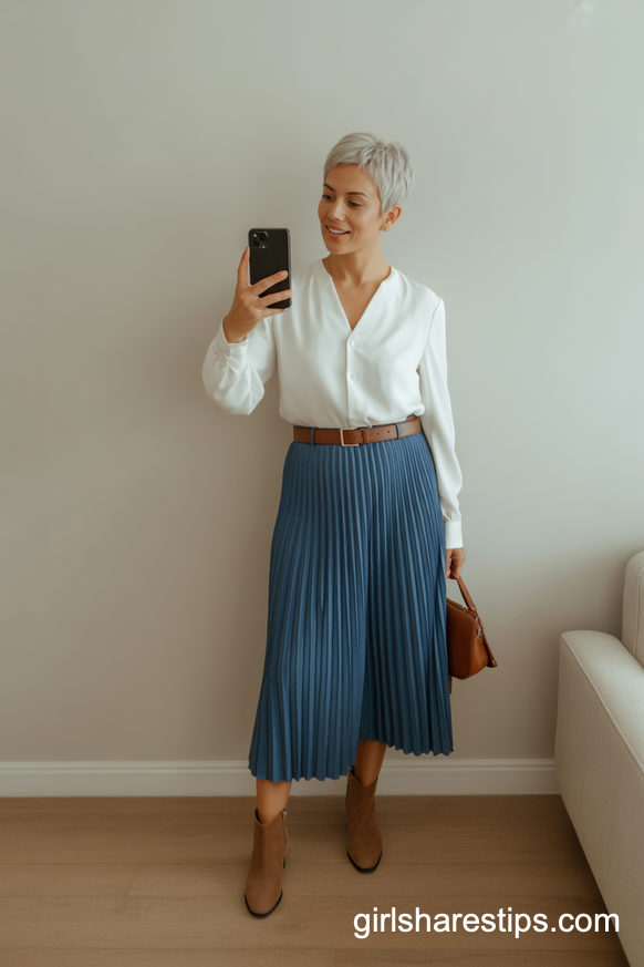 White Blouse With Pleated Blue Midi Skirt And Boots