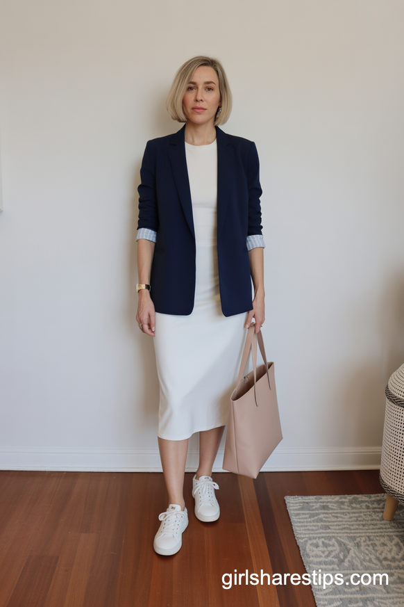 Navy Blazer Over White Midi Dress With Sneakers