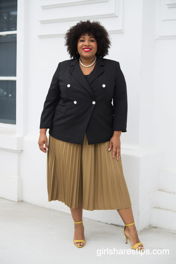 Black Blazer With Khaki Pleated Midi Skirt And Heels