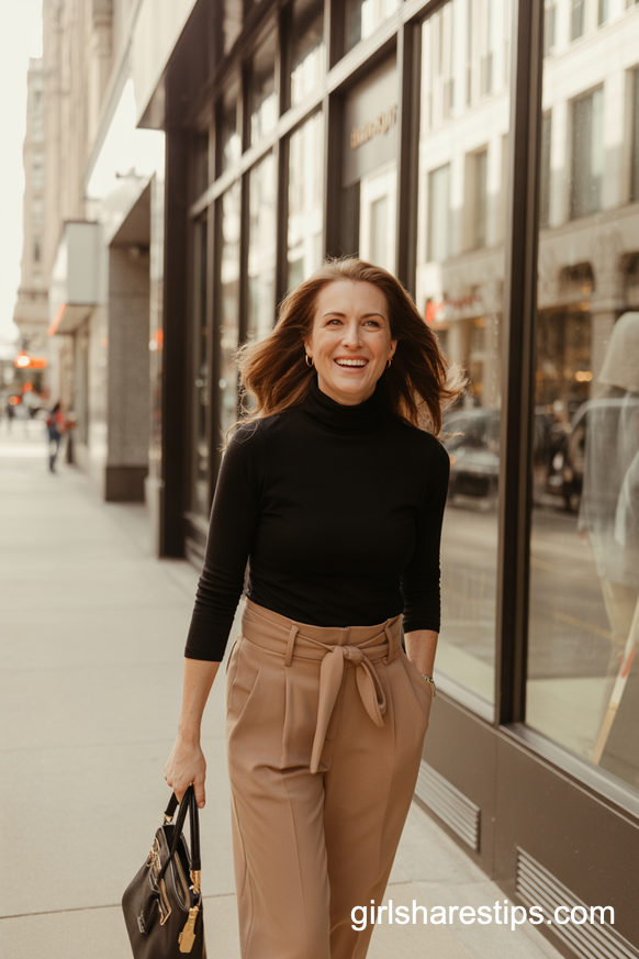 Black Turtleneck With Camel Tie Waist Pants