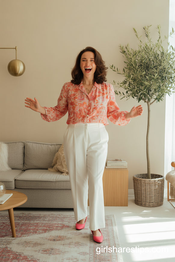 Coral Floral Blouse With White Wide Leg Trousers