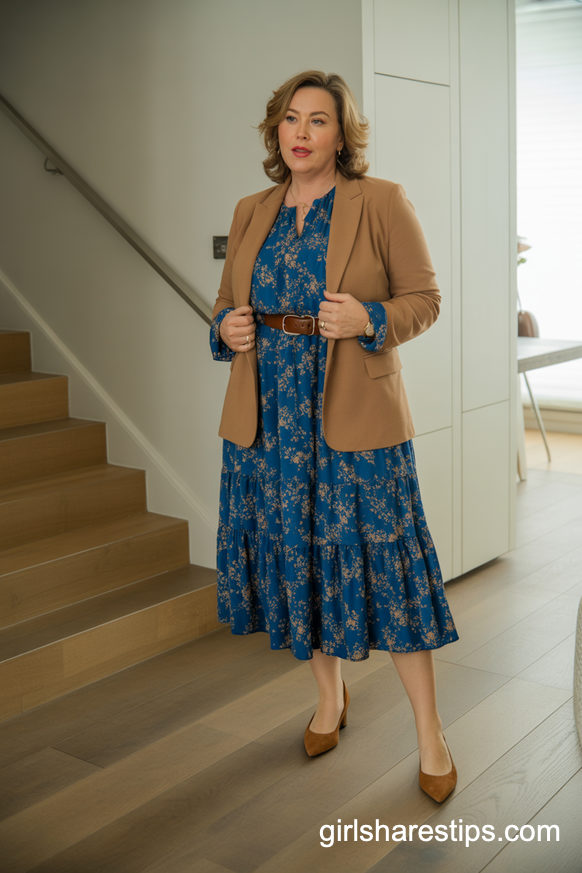 Blue Floral Midi Dress With Camel Blazer And Flats