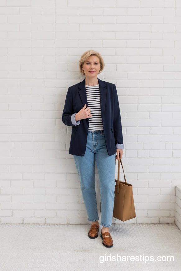 Navy Blazer With Striped Tee And Straight Leg Jeans
