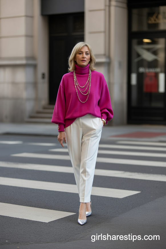 Magenta Turtleneck Sweater With White Tailored Pants