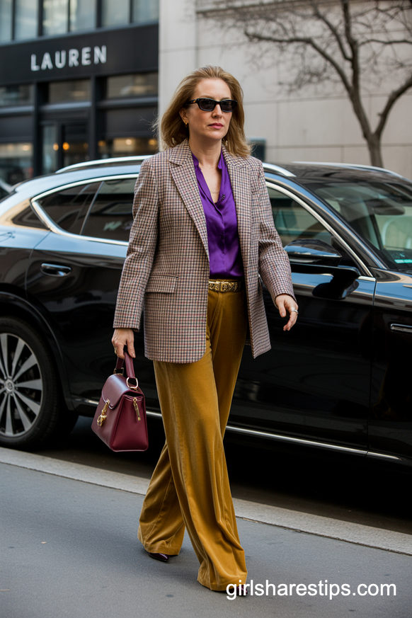 Plaid Blazer With Silk Blouse And Velvet Wide Leg Pants