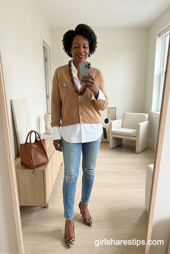 Classic White Shirt Cardigan And Skinny Jeans Combo