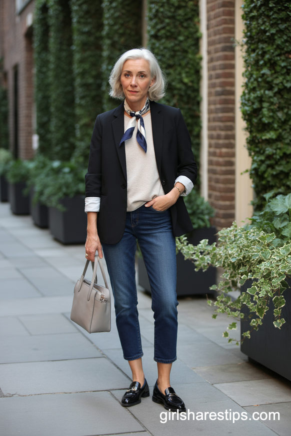 Black Blazer Cream Sweater And Cropped Jeans
