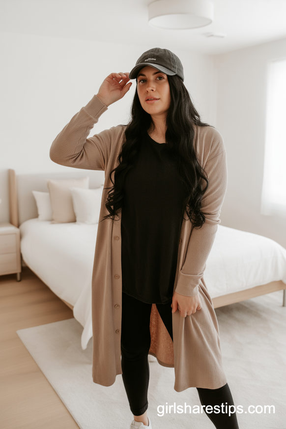 Light Cardigan Over Leggings And Sneakers