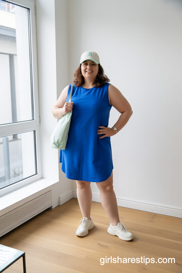 Bold Blue Sleeveless Dress With Sporty Sneakers