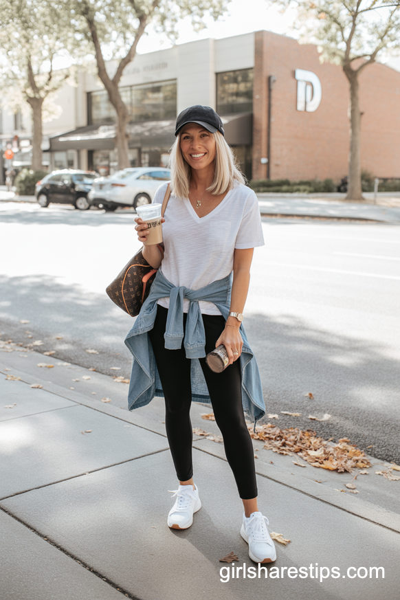 Denim Duster Over Tee And Leggings Combo