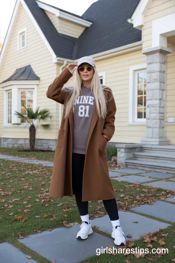 Long Wool Coat Layered Over Athleisure Basics