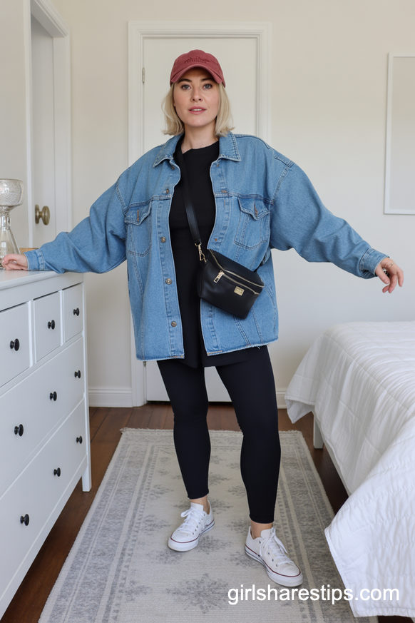 Oversized Denim Jacket With Leggings And Cap