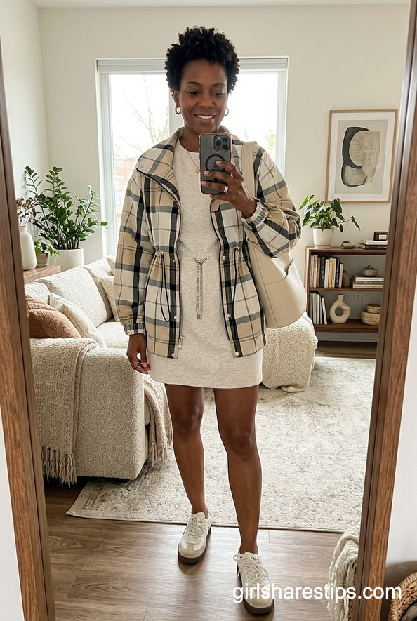 Plaid Jacket Layered Over Athletic Mini Dress