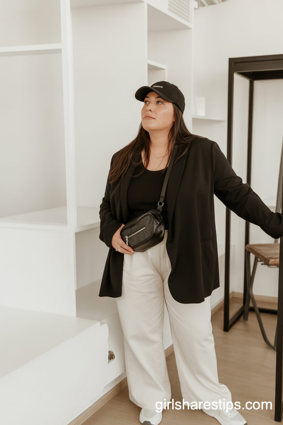 Chic Black Blazer With White Wide-Leg Pants