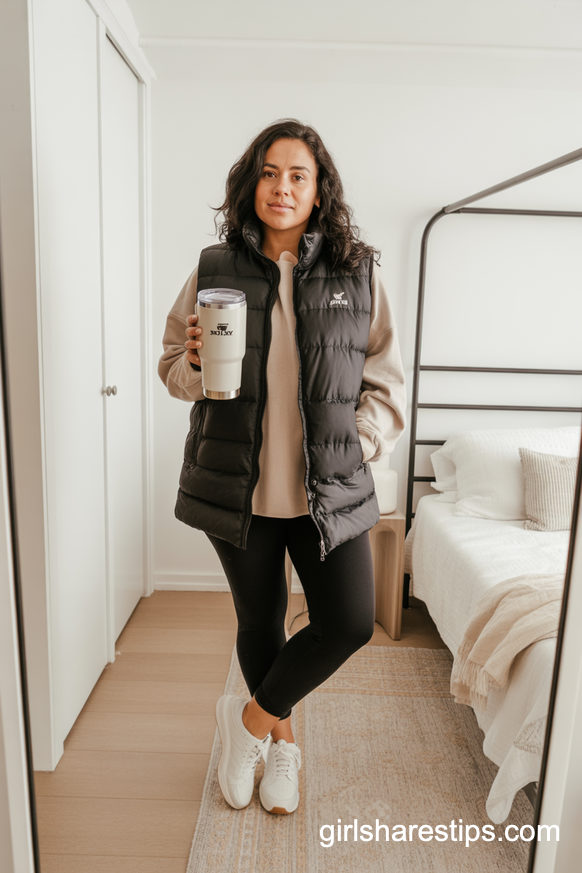 Black Puffer Vest With Neutral Base Layers