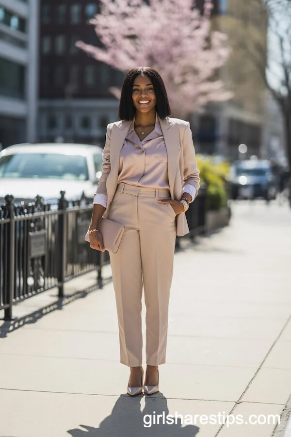 Beige Suit and Silk Blouse Office Outfit