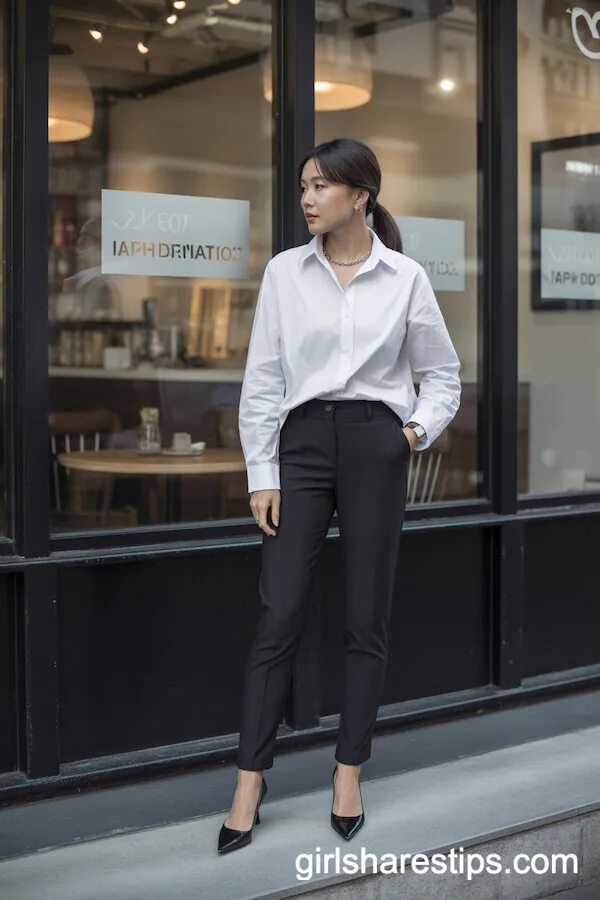 Black Trousers and Oversized White Shirt Minimalist Look