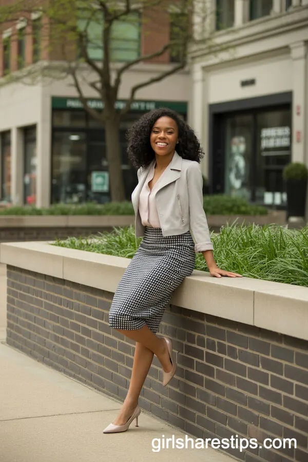 Patterned Pencil Skirt with Cropped Jacket Office Look