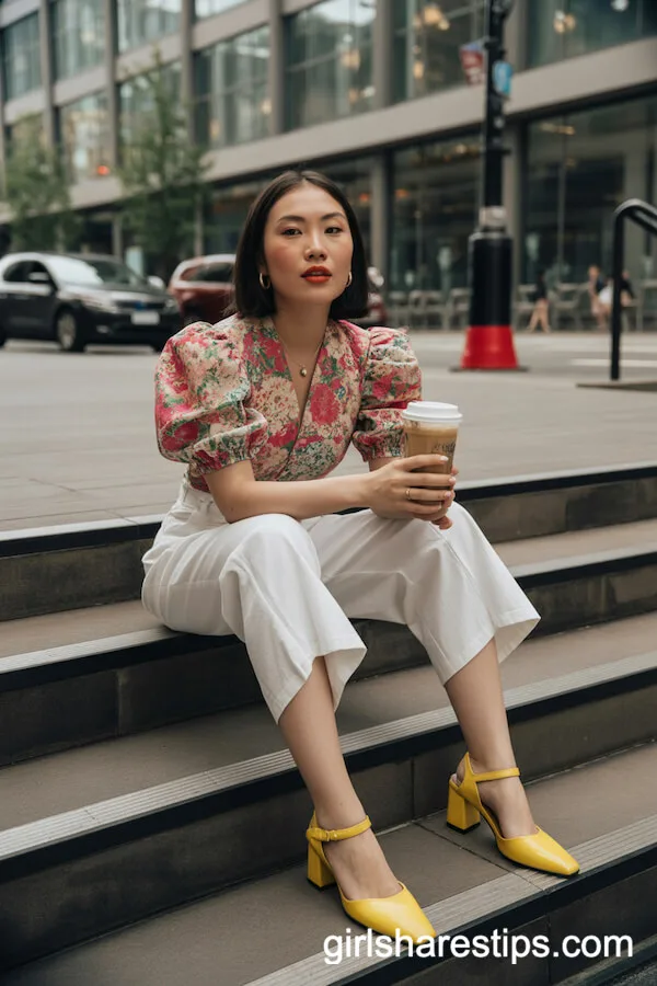 White Culottes and Bold Floral Blouse Outfit