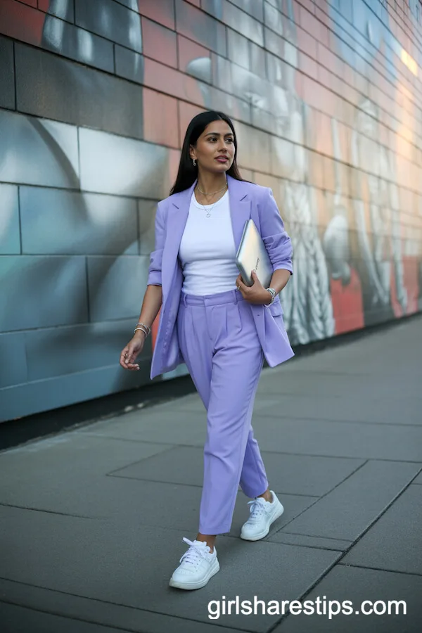 Lavender Pantsuit and Sneakers Corporate Chic Style