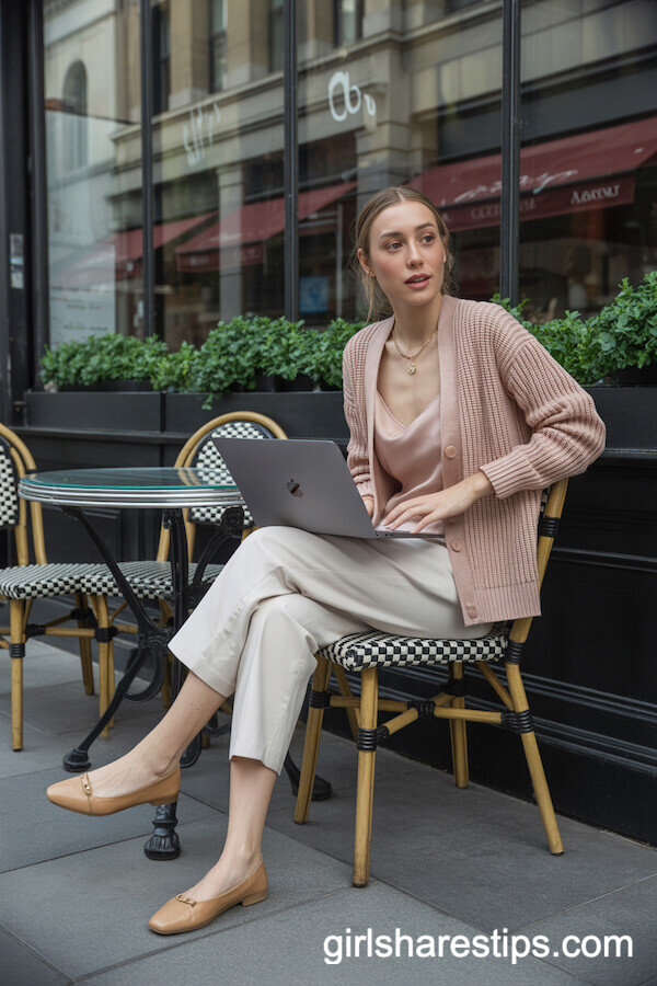 Blush Cardigan and Cropped Trousers Café Look