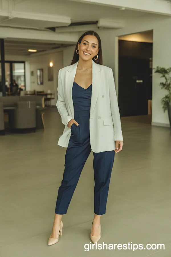 Navy Jumpsuit with White Blazer Business Style