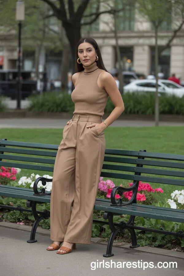 Tan Wide-Leg Trousers and Sleeveless Turtleneck Ensemble