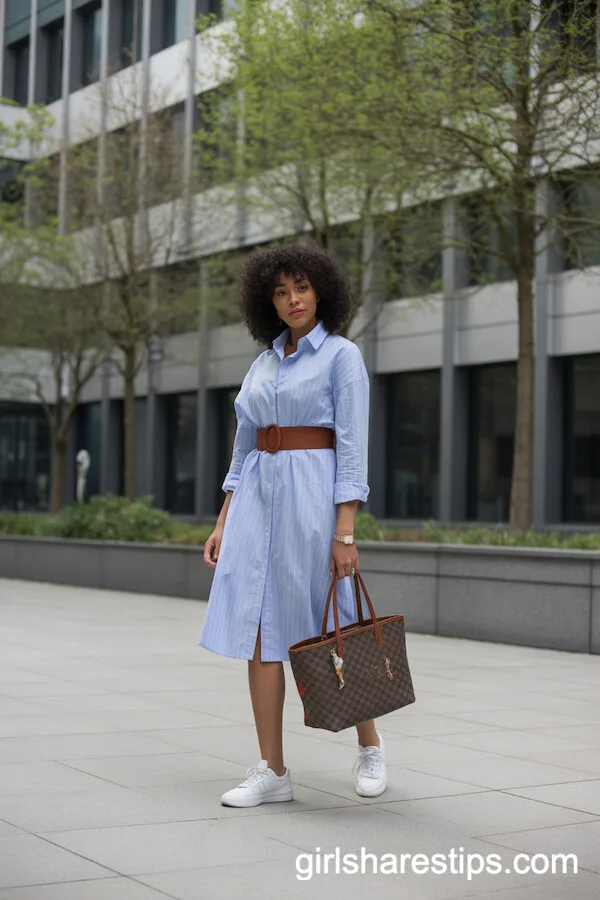 Striped Shirt Dress with Sneakers Corporate Style